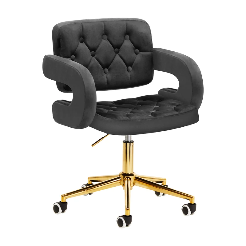 4Rico Fluwelen Bureaustoel Grijs met Goud Onderstel QS-OF213G – Verstelbare Salonstoel & Bureaustoel voor Kantoor, Receptie en Salon
