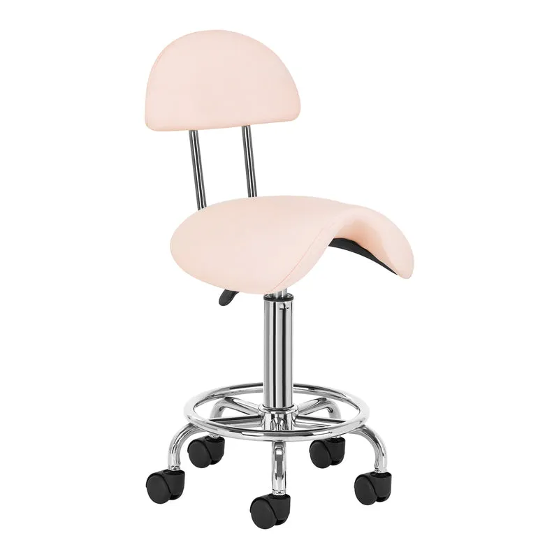 Ergonomische Cosmetische Zadelkruk met Rugleuning 6001 – Kapperskruk in Hoogte Verstelbaar – Werkkruk voor Salon, Pedicure en Nagelstudio – Roze met Zilver Onderstel