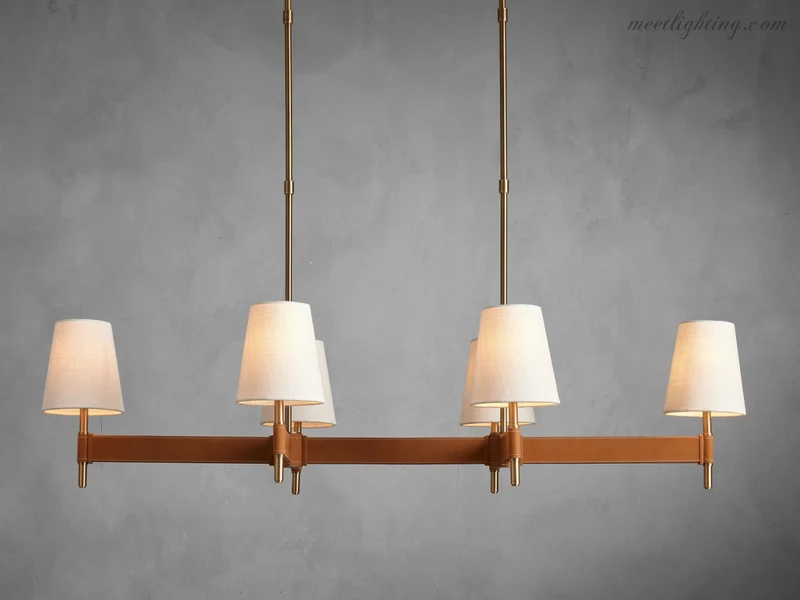 Lineaire Kroonluchter Messing met Leren Accenten Linnen Kappen 6 8 10 Lampen Eetkamer Woonkamer Hanglamp | Sansoti