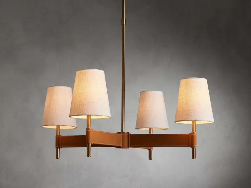 Ronde Kroonluchter Messing Antiek Leder Linnen Verstelbaar Klassiek Hanglamp voor Eetkamer en Woonkamer | Sansoti