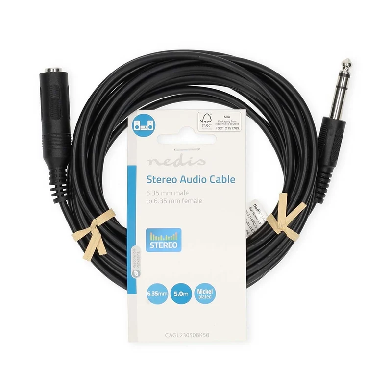 Stereo-Audiokabel 6,35 mm Male - 6,35 mm Female - Vernikkeld