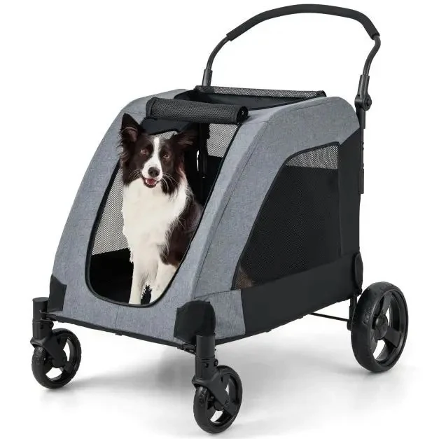 Trendmix Opvouwbare XXL Hondenbuggy Met Ademend Gaas En Opbergvakken - Voor Honden En Katten Tot 60 kg - 67 x 98 x 88 cm Grijs
