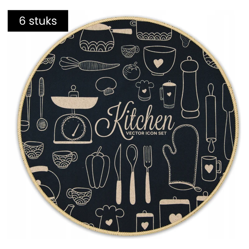 Ronde Placemats Set van 6 – Zwarte Tafelonderleggers Ø38 cm