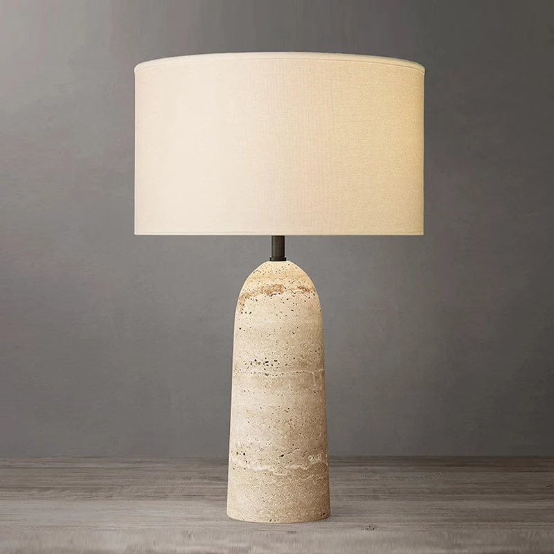 Natuursteen Tafellamp met Linnen Kap Beige Travertin Organisch Wabi-Sabi Design 30x46cm | Sansoti
