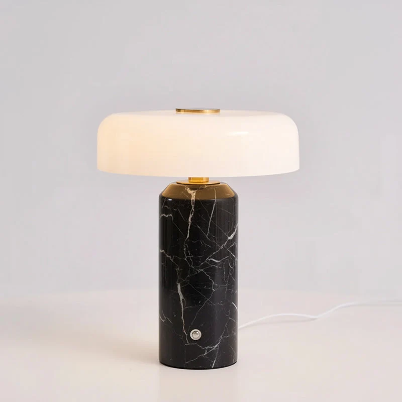 Marmeren Tafellamp met Oplaadbare Batterij – Opaline Glazen Bol & Espresso Marmeren Voet – Touch Dimbaar | Sansoti