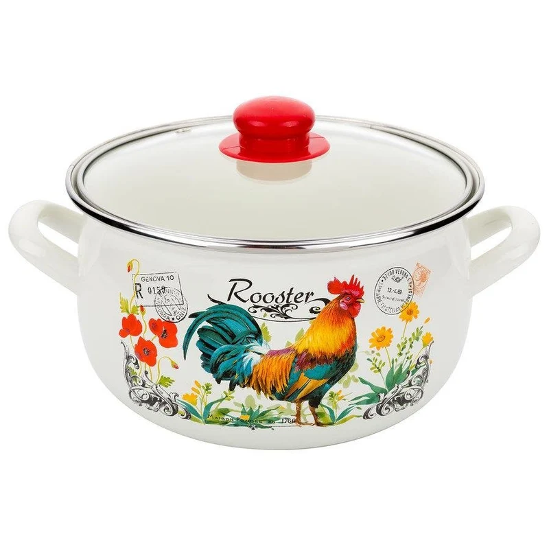 Emalia retro haan rooster geëmailleerde vintage kookpan 16 cm 2.2 Liter crème / rood