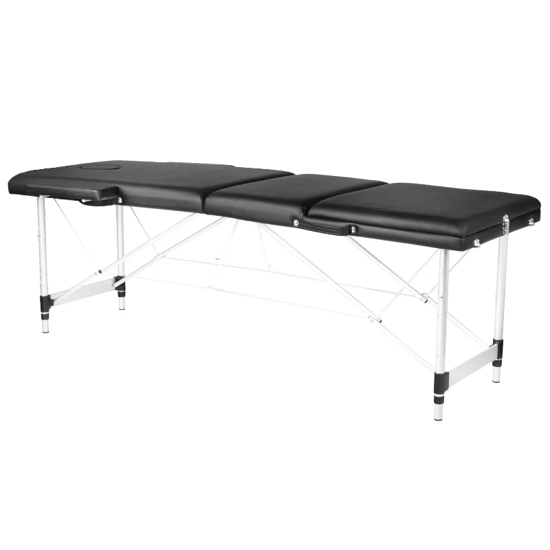 Inklapbare Massagetafel Aluminium 3 Zones Zwart – Lichtgewicht Behandeltafel met Verstelbare Hoogte, Gezichtsuitsparing en Draagtas voor Massage en Therapie