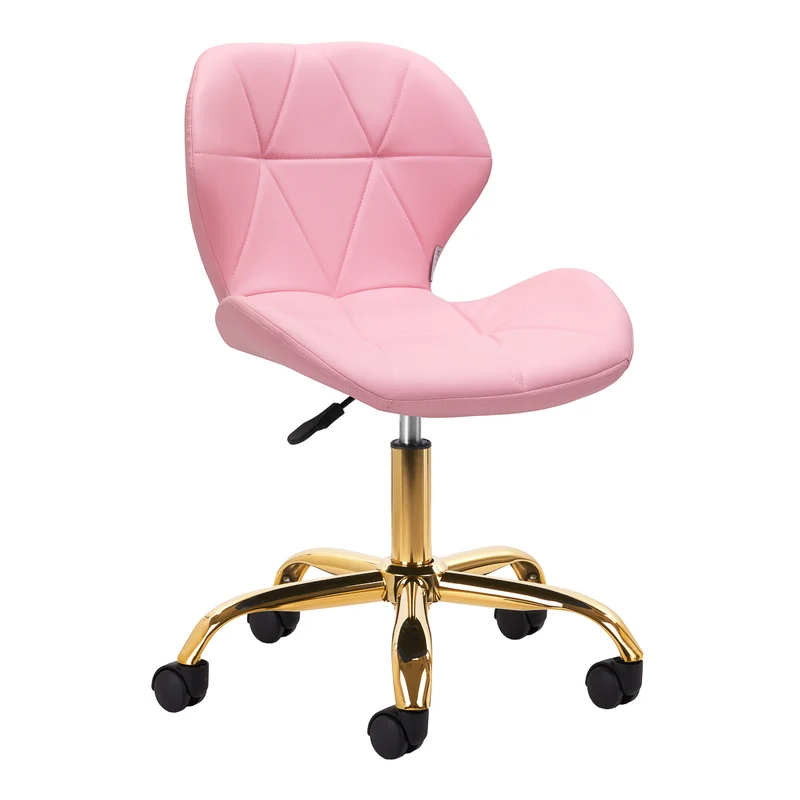 Salonstoel met Wielen Verstelbaar Roze – Met Rugleuning – Draaibaar – Beauty- en Werkstoel met Gouden Basis 4Rico QS-06