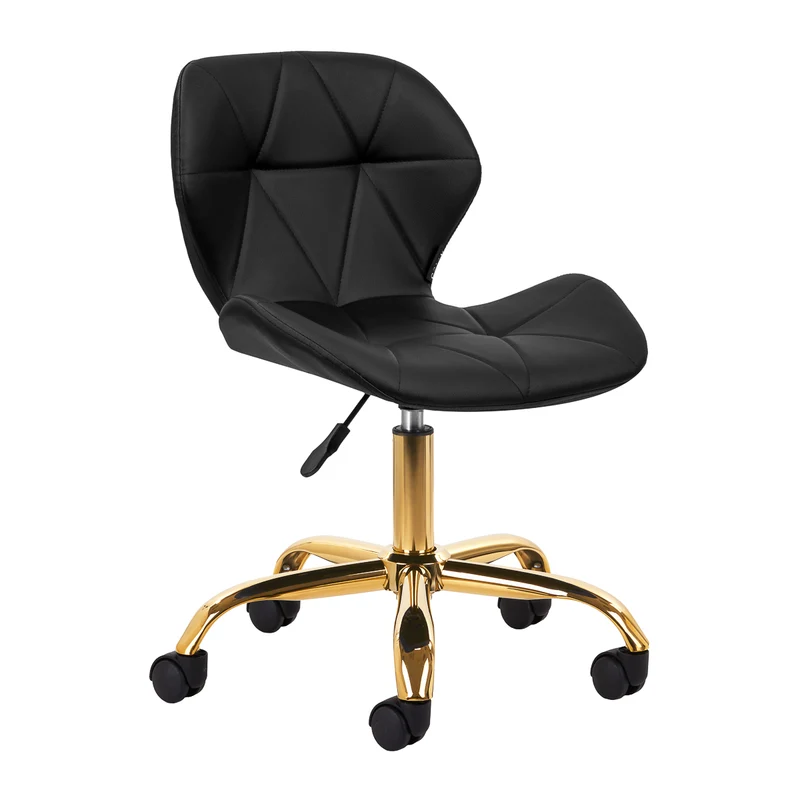 Salonstoel met Wielen Verstelbaar Zwart – Met Rugleuning – Draaibaar – Beauty- en Werkstoel met Gouden Basis 4Rico QS-06