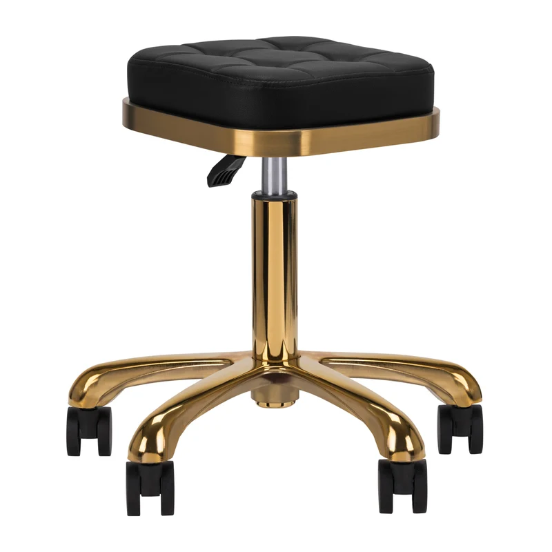 Cosmetische Kruk M-1645 Goud Zwart – Verstelbare Salonkruk op Wielen – Luxe Beauty Kruk van Eco Leder voor Schoonheidssalon & Pedicure
