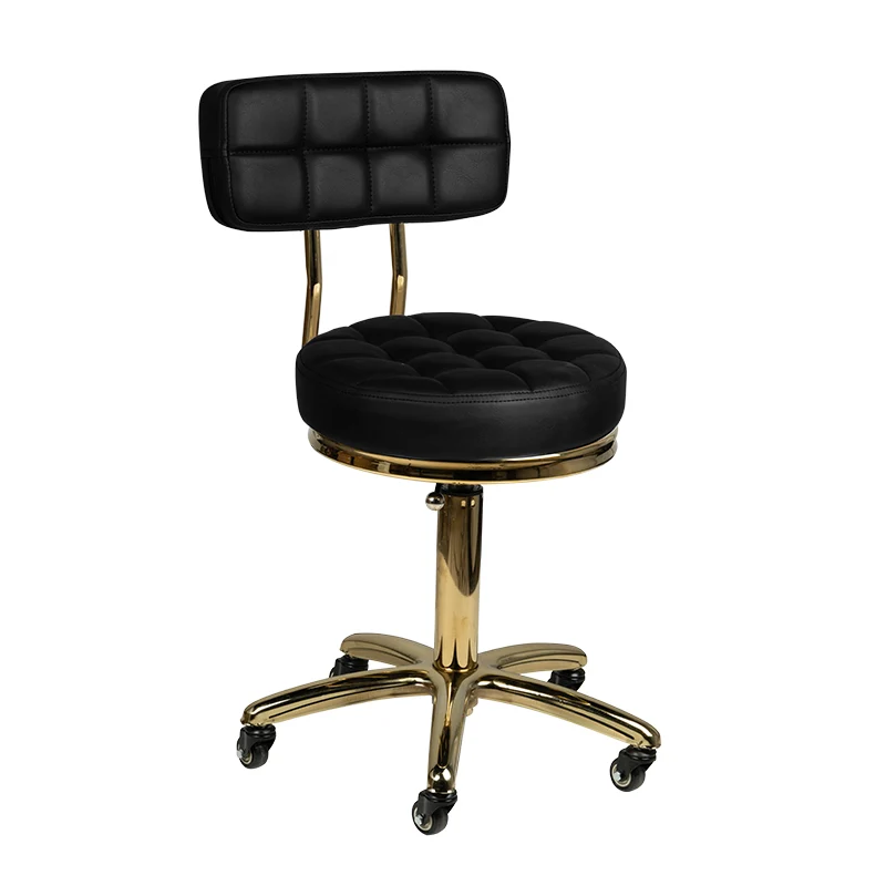 Cosmetische Kruk AM-961 Zwart Goud met Rugleuning – Verstelbare Salonkruk op Wielen – Luxe Beauty Kruk voor Schoonheidssalon, Pedicure & Beautystudio