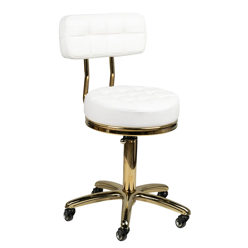 Cosmetische Kruk AM-961 Wit Goud met Rugleuning – Verstelbare Salonkruk op Wielen – Beauty Kruk voor Schoonheidssalon & Pedicure