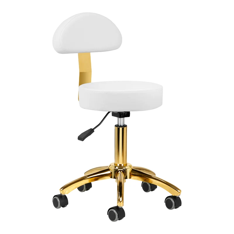 Cosmetische Ergonomische Zadelkruk AM-304G Wit – Met Rugleuning – Gouden Onderstel – Verstelbaar – Luxe Werkkruk