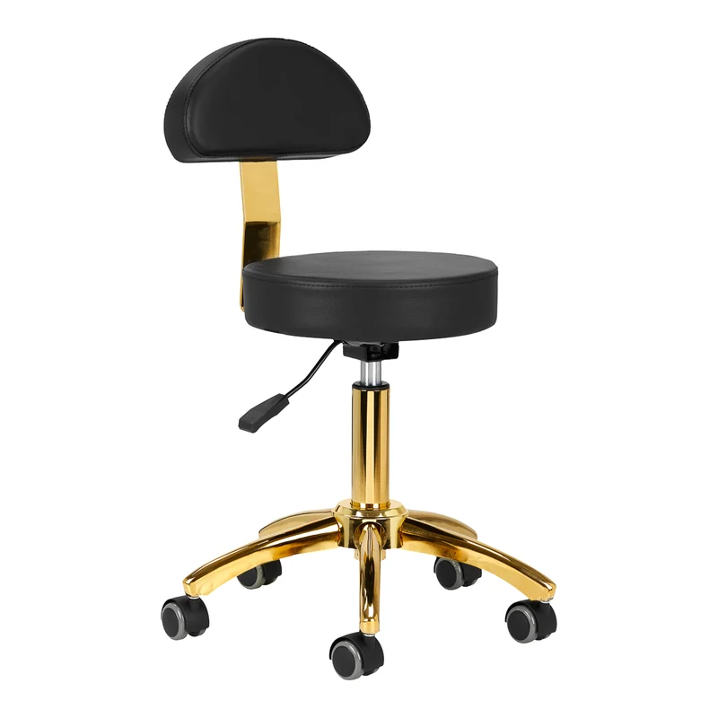 Cosmetische Ergonomische Zadelkruk AM-304G Zwart – Met Rugleuning – Gouden Onderstel – Verstelbaar – Luxe Werkkruk