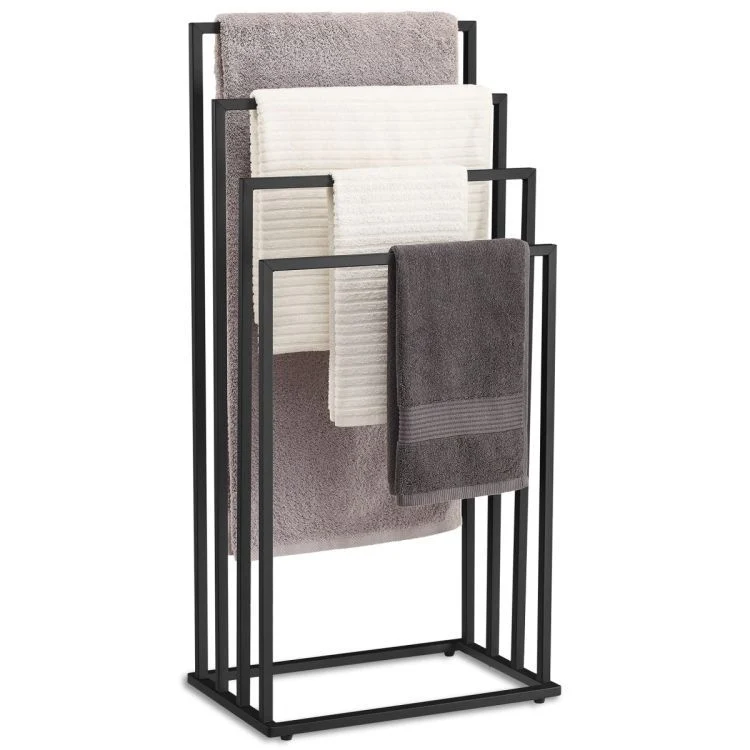 Vrijstaande Handdoekhouder 4 Niveaus – Stalen Handdoekrek Mat Zwart – Modern Design voor Badkamer of Wasruimte