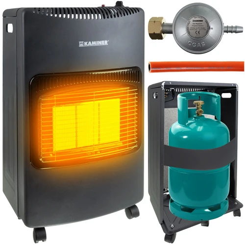 KAMINER Opvouwbare Gaskachel met Wielen – 4200W LPG Kachel – 3-standen Verwarming – Inclusief Gasslang & Reductiestuk – Verwarmt tot 60m²