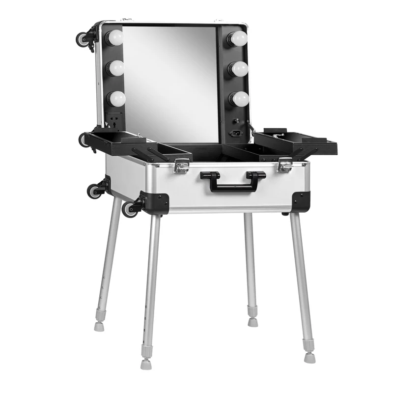 Draagbare cosmetische werkstation koffer T-27 zilver met verlichting – make-up koffer op wielen voor visagisten & makeup artists