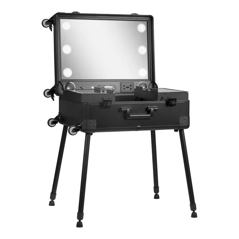 Mobiel Make-up Werkstation op Wielen met Verlichte Spiegel, Speakers, Bluetooth & Verstelbare Poten – Zwart