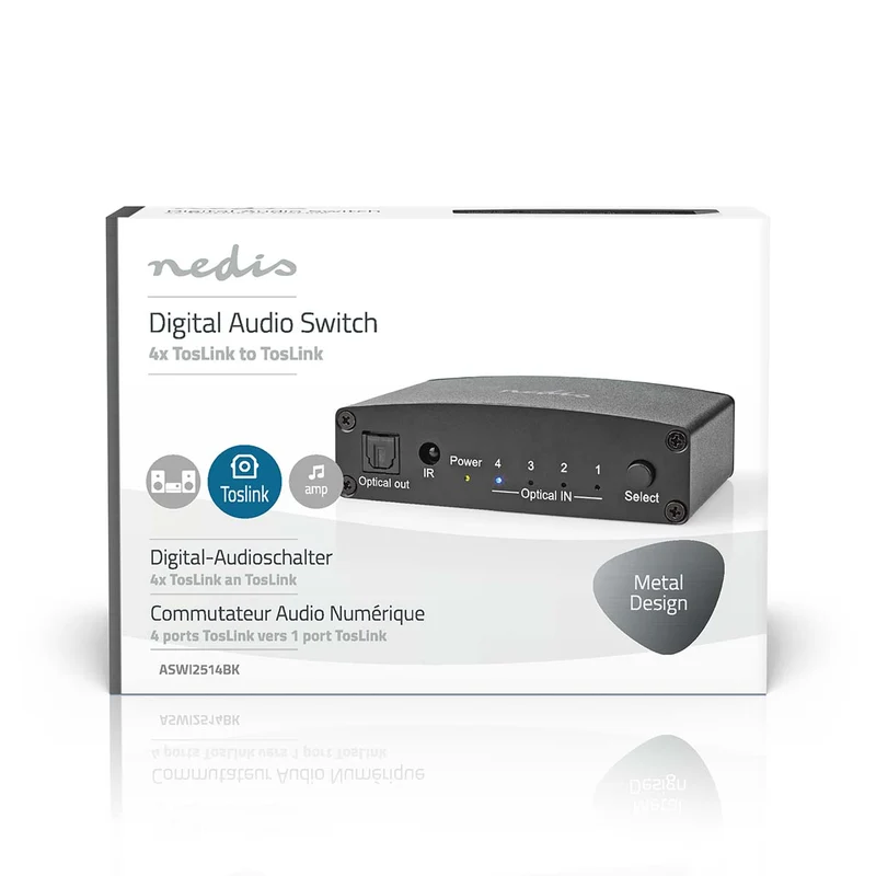 Digitale Audio-Switch 4-wegs - Ingangen audio / video / data: DC Power / 4x TosLink - Uitgangen audio / video / data: TosLink Female