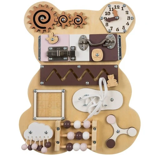 Kruzzel Teddybeer Manipulatiebord 10-in-1 – Houten Educatief Speelbord – Montessori Speelgoed – Fijne Motoriek & Ontdekken