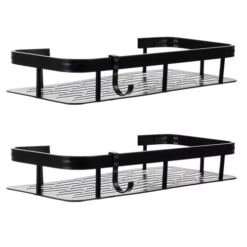 Aluminium Badkamerplank 2-delige Set Zwart – Lichtgewicht, Roestvrij, Zonder Boren & Met Extra Haken