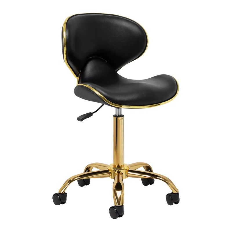 Cosmetische Kruk Gabbiano Q-4599 Zwart Goud – Met Rugleuning – Verstelbare Zithoogte – Op Wielen – Luxe Salonkruk