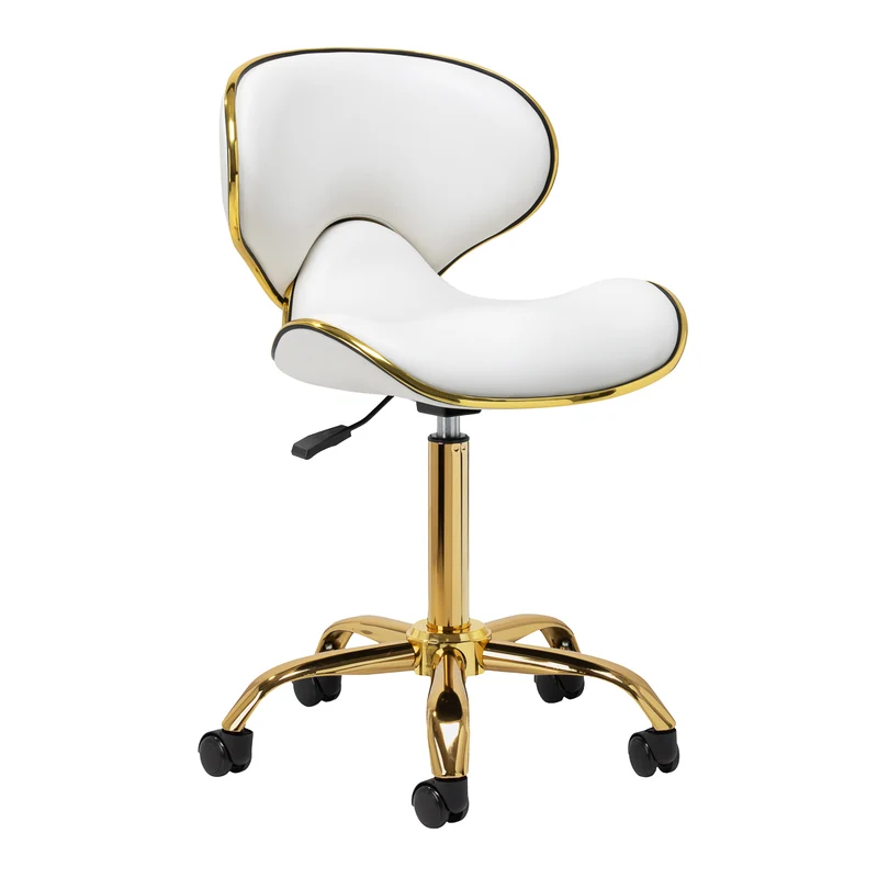 Cosmetische Kruk Gabbiano Q-4599 Wit Goud – Met Rugleuning – Verstelbare Zithoogte – Op Wielen – Luxe Salonkruk