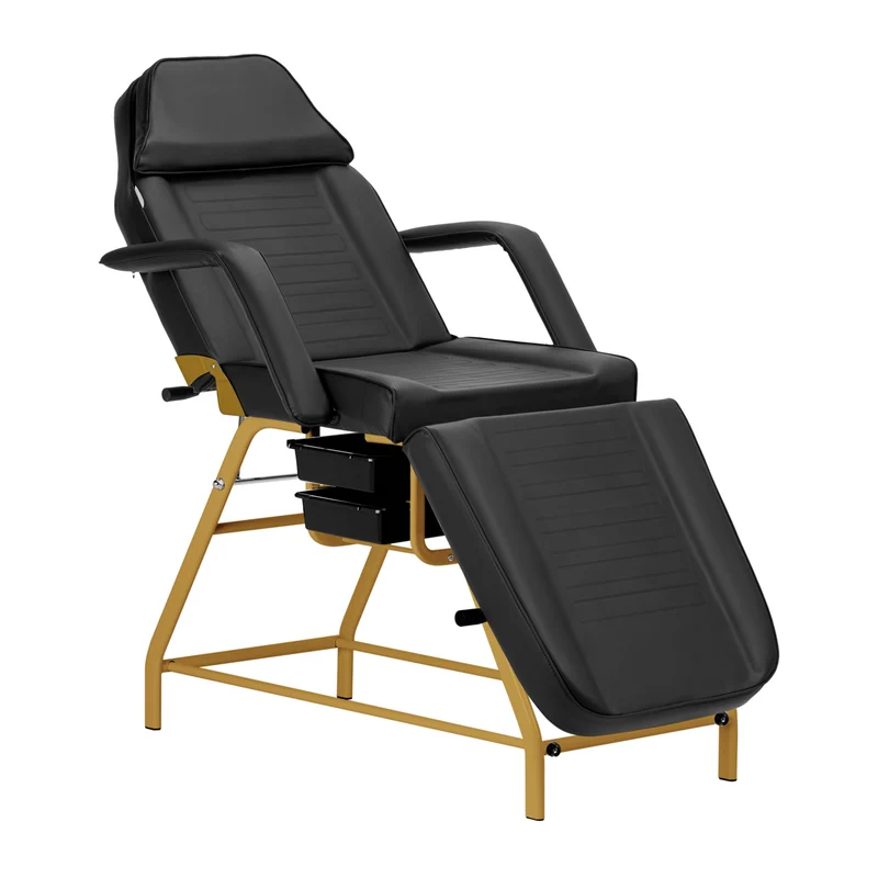 Behandelstoel 557G met Trays Zwart–Goud – Luxe Black–Gold Salon Behandelstoel met Opbergbakken & Verstelbare Rugleuning