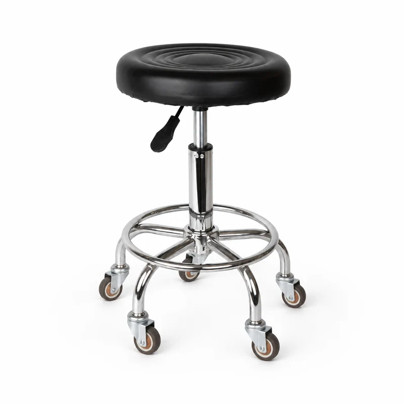 Kapperskruk op Wielen – Ergonomische Zadelkruk met Extra Beensteunwiel – In Hoogte Verstelbaar – Rubber Wielen & Zwart PU-Ecoleer