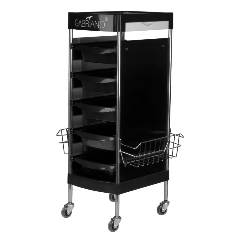 Gabbiano Kappersassistent FX11-E – Professionele Kapperswagen Met 5 Trays En Metalen Mand – Verrijdbare Salon Trolley Op Wielen – Zwart