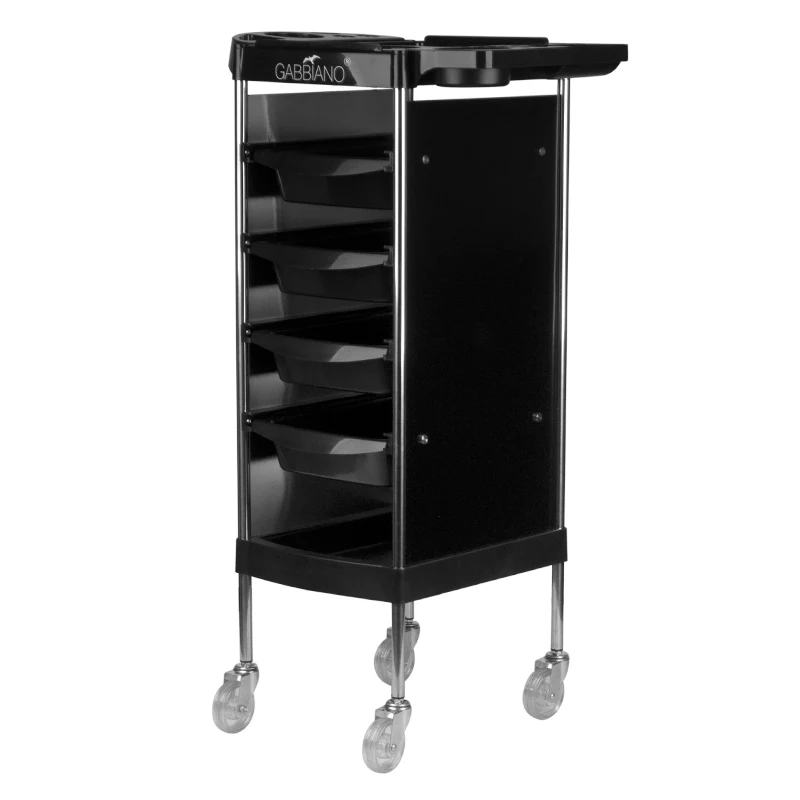 Gabbiano Kappersassistent FX11-B – Professionele Kapperswagen Met 4 Trays En Föhnhouder – Verrijdbare Salon Trolley Op Wielen – Zwart
