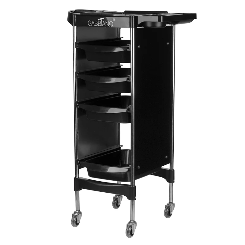 Gabbiano Kappersassistent FX11-2 – Professionele Kapperswagen Met 4 Trays En Föhnhouder – Verrijdbare Salon Trolley Op Wielen – Zwart