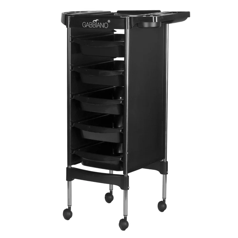 Gabbiano Kappersassistent FX11-5 – Professionele Kapperswagen Met 5 Trays En Föhnhouder – Verrijdbare Salon Trolley Op Wielen – Zwart