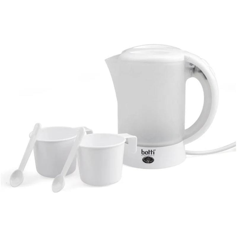 Botti Teo camping waterkoker 0,6 L – 650 W – Wit/doorzichtig – Compact & lichtgewicht – Inclusief bekers en lepeltjes