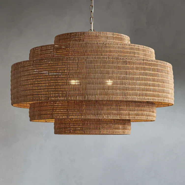 Gevlochten Rotan Kroonluchter Gelaagd IJzeren Frame Verstelbare Hoogte Hanglamp Eetkamer Woonkamer Verlichting | Sansoti