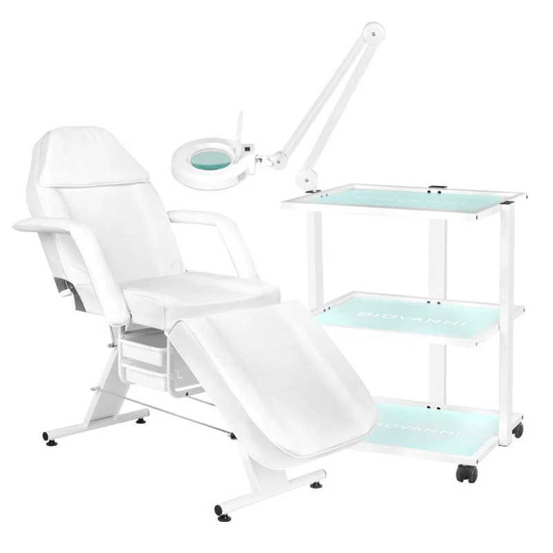 Active Shop Combideal – Complete Salon Set: Behandelstoel Basic 202 + Roltafel Giovanni 1040 + LED Loeplamp 5D S5 – Professionele Salon Inrichting – Wit