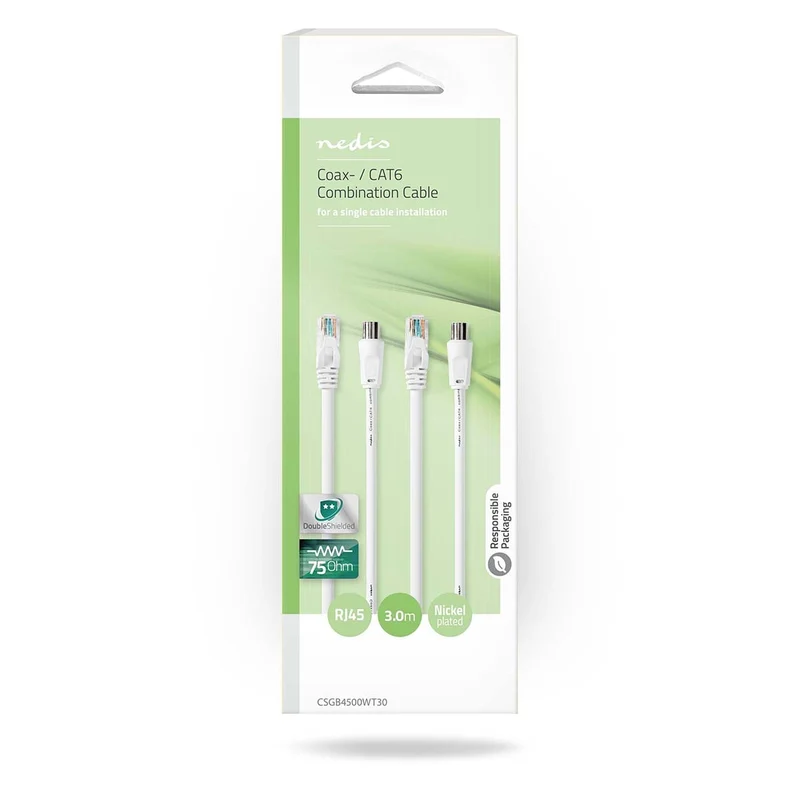 Coax- en CAT6-Combikabel IEC (Coax) Male / RJ45 Male - IEC (Coax) Female / RJ45 Male - Vernikkeld