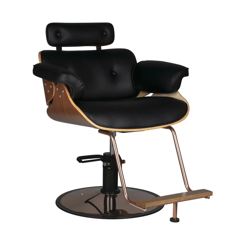 Gabbiano Florence Kappersstoel Walnoot – Professionele Salonstoel met Zwarte Bekleding, Hydraulische Verstelling, 360° Rotatie en Luxe Houten Accenten