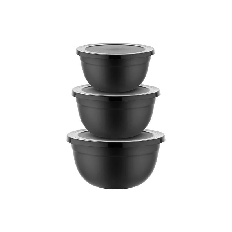 Meyerhoff Saladekommen Set van 3 – RVS Mengkommen met Deksel – Ø 14/16/18 cm – Zwart – Vaatwasserbestendig & Stapelbaar