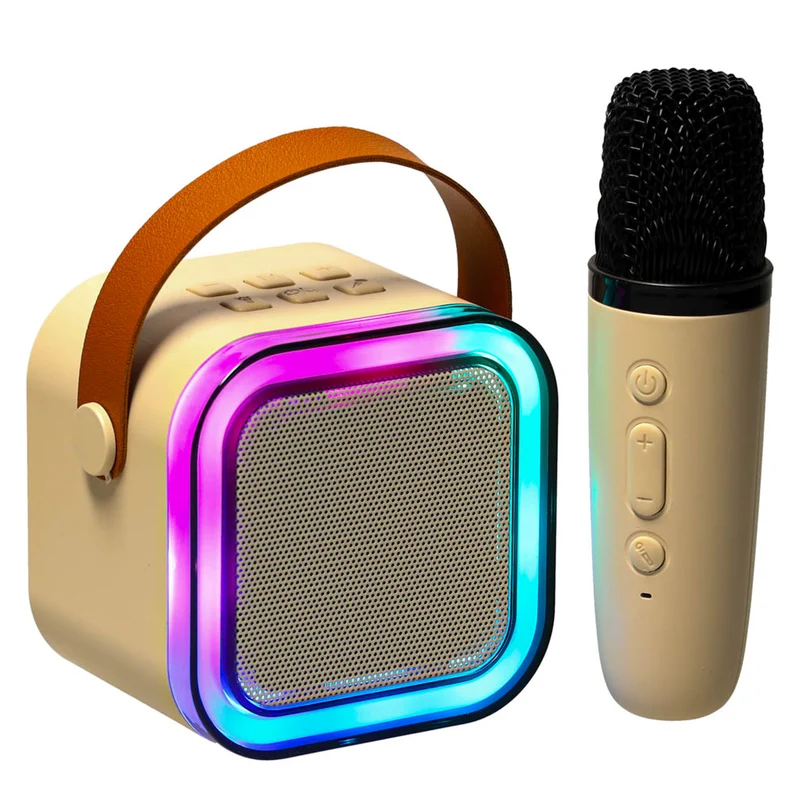 Ikonka Karaoke Set met Microfoon – Bluetooth USB LED Luidspreker – Draagbare Muziekspeler – Beige Karaokeset