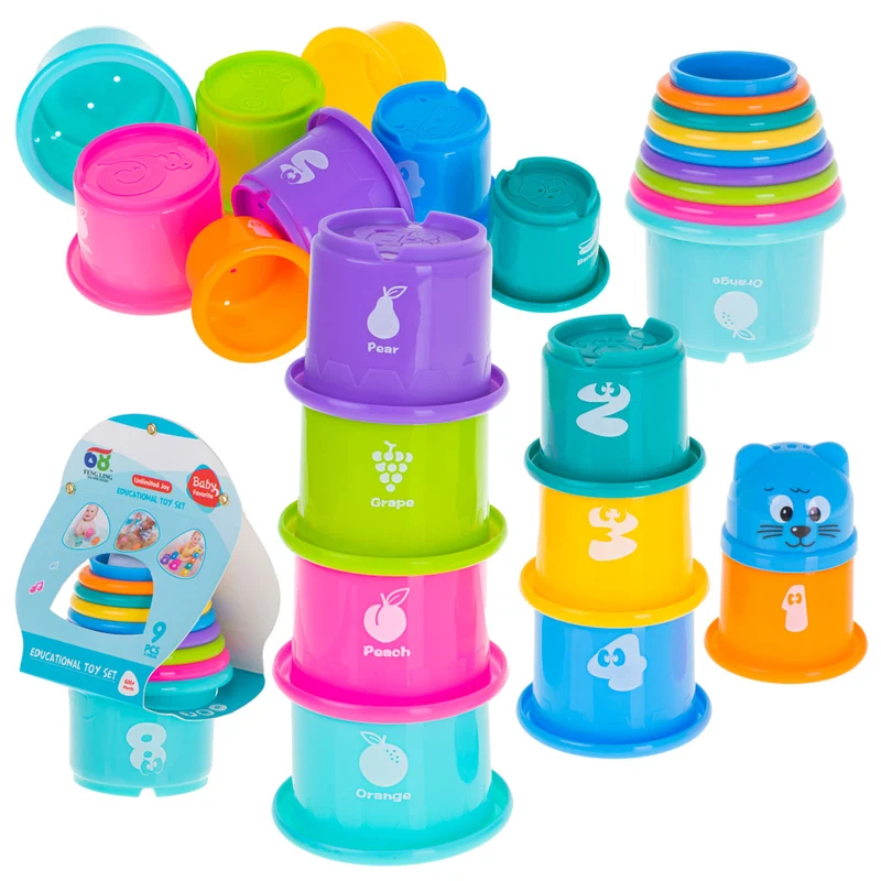 Educatieve Stapeltoren Kopjes – Stacking Cups met Cijfers, Fruit & Kleuren – Stapelbekers Kinderspeelgoed – Educatief Peuterspeelgoed – Multicolor – 9-delig