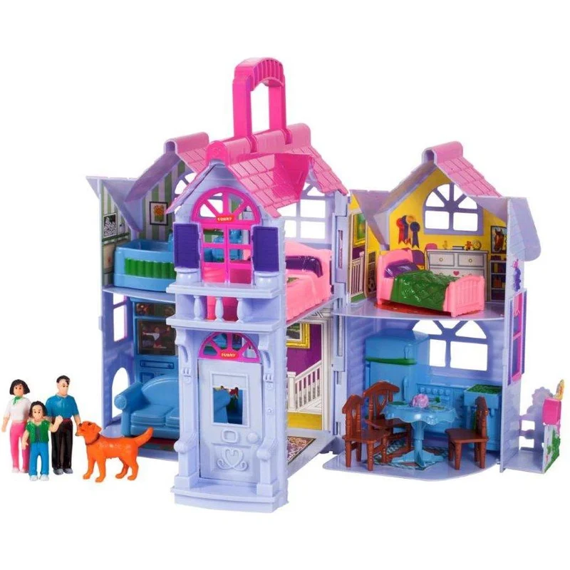 Opvouwbaar Poppenhuis met Meubels & Familiefiguren – Roze
