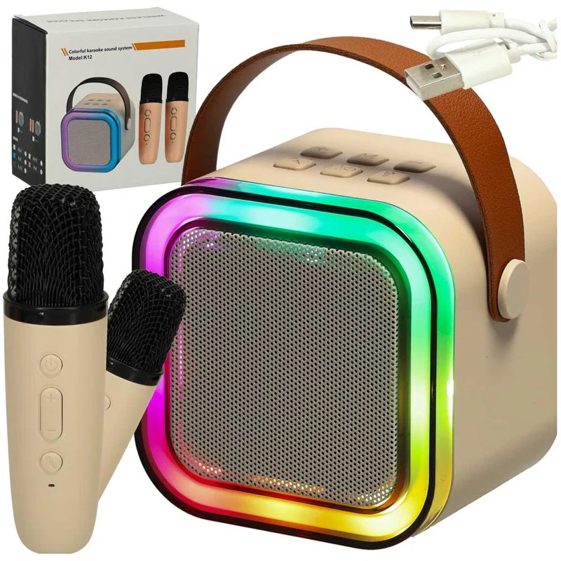 Ikonka Karaoke Set met 2 Microfoons – Bluetooth LED Luidspreker – Draagbare Muziekspeler – Beige Karaokeset