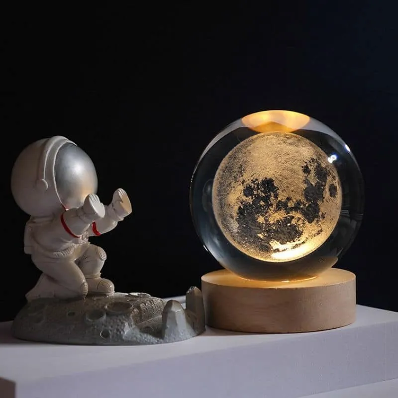 3D Glazen Bol Nachtlampje met Houtvoet USB Led Verlichting Sterrenhemel Planeet Sfeerverlichting Slaapkamer | Sansoti