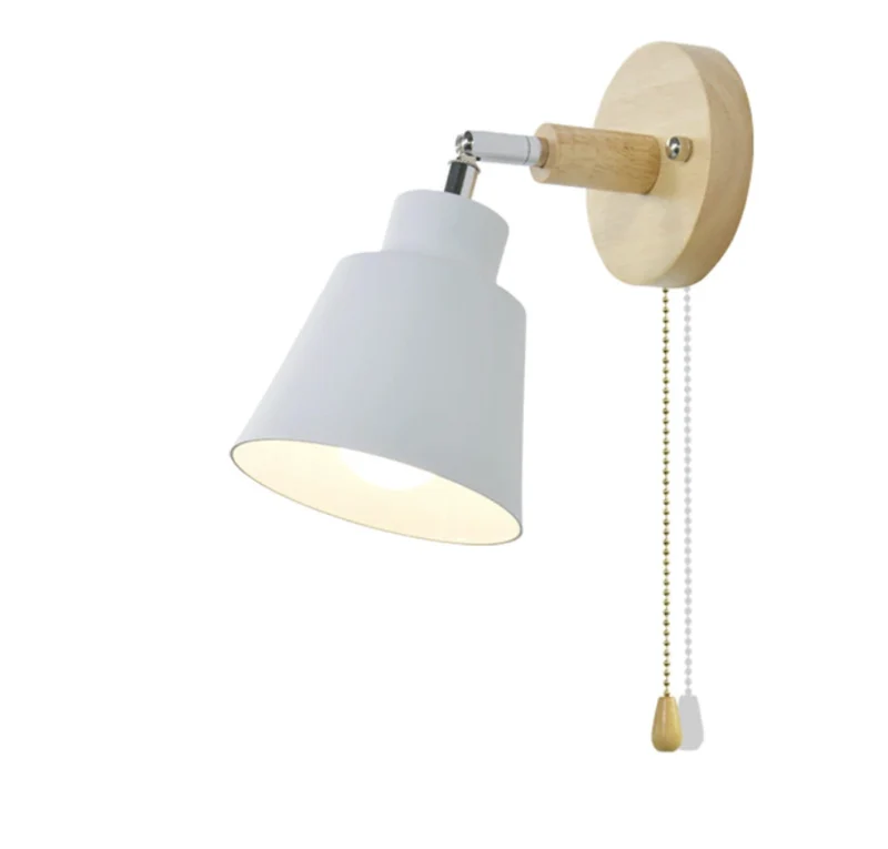 Verstelbare Wandlamp met Trekschakelaar Houten Basis Leeslicht Slaapkamer Nachtkastje Zwenkbaar 180° | Sansoti