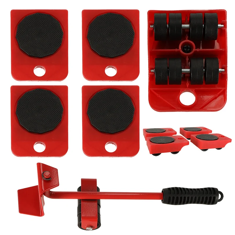 Meubeltransportwielen 5-delig – Meubelroller Set met Lastenheffer – 150 kg Draaggewicht – Verhuizing & Meubelverplaatsing – Rood