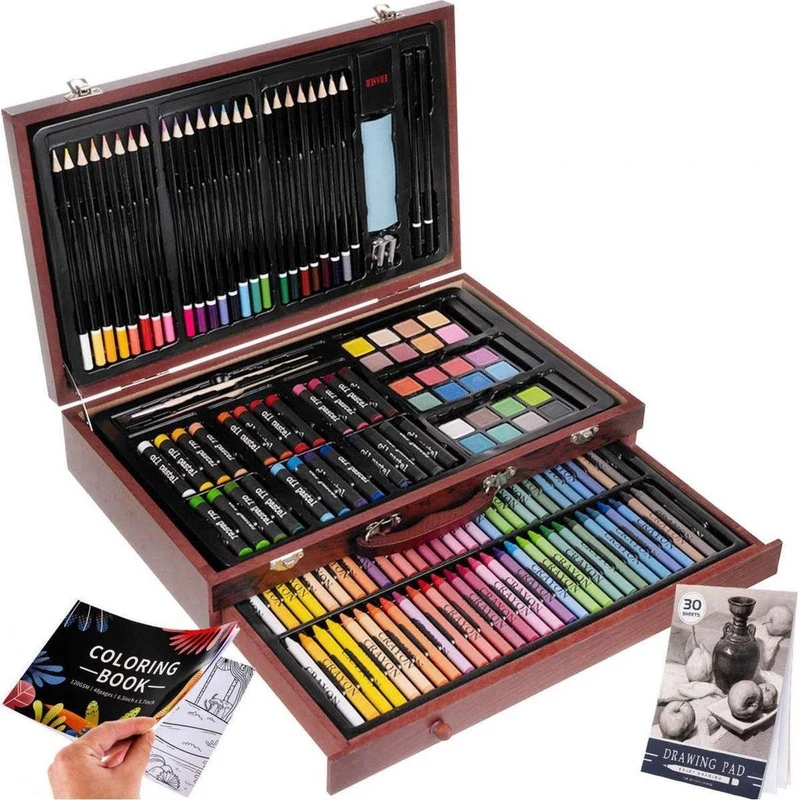 Maaleo Luxe Kunst Schilderskoffer – Tekenkoffer – Schilderkist 113-Delig – Schilderset – Tekendoos van Hout – Inclusief Pastels, Potloden & Waterverf