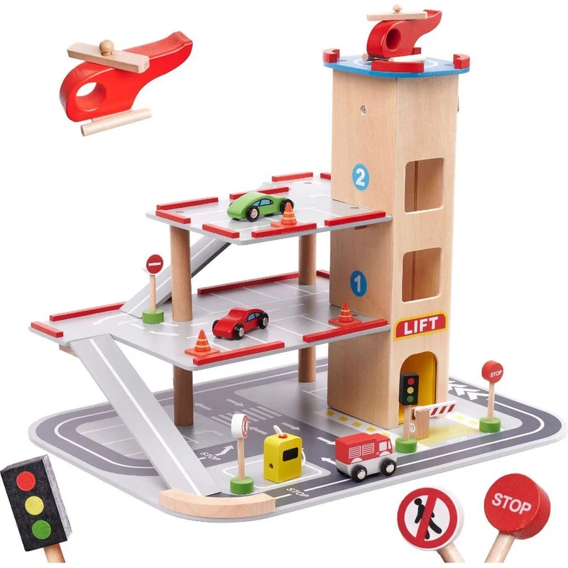Lulilo Benino Houten Parkeergarage – City Garage – Houten Speelgoed – Inclusief Auto’s, Helikopter & Accessoires