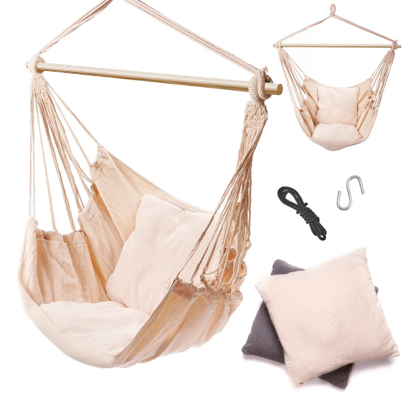 Braziliaanse Hangmatstoel met Kussens – Ecru Beige – Belastbaar tot 100 kg – Comfortabele Stoel voor Binnen & Buiten – Katoen – 98 cm Kruisstang