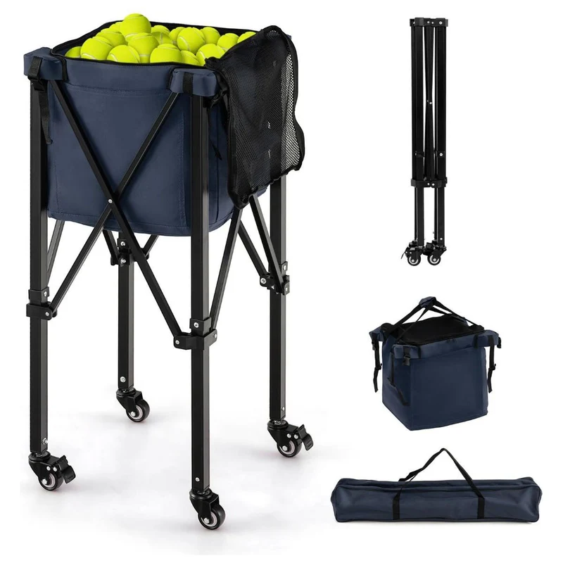 Trendmix Verrijdbare Aluminium Ballenmand Draagbaar Met 4 Wielen - Tot 150 Tennisballen - Inklapbaar En Lichtgewicht - Ballenkar trolley - Met Zijvak en Draagtas - Blauw